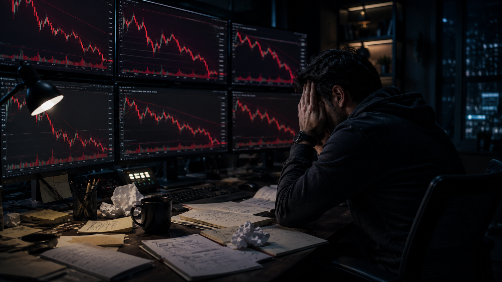 Trader operando manualmente bajo presión frente a pantallas con gráficos en rojo